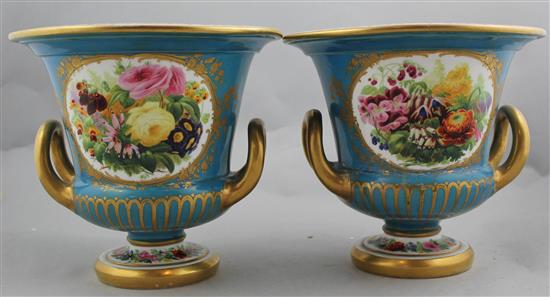 A pair of Copeland and Garrett gilt and turquoise porcelain campana urns, c.1840, 19cm